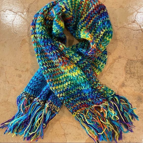 vtg 80s•handknit scarf chunky multicolored - Picture 2 of 5